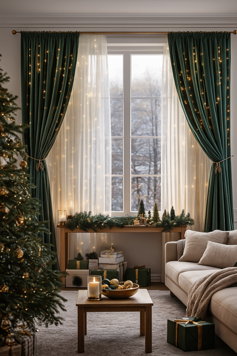 Okno udekorowane na Boże Narodzenie z czerwonymi zasłonami, białymi firanami, złotymi gwiazdkami i świecami w przytulnym salonie