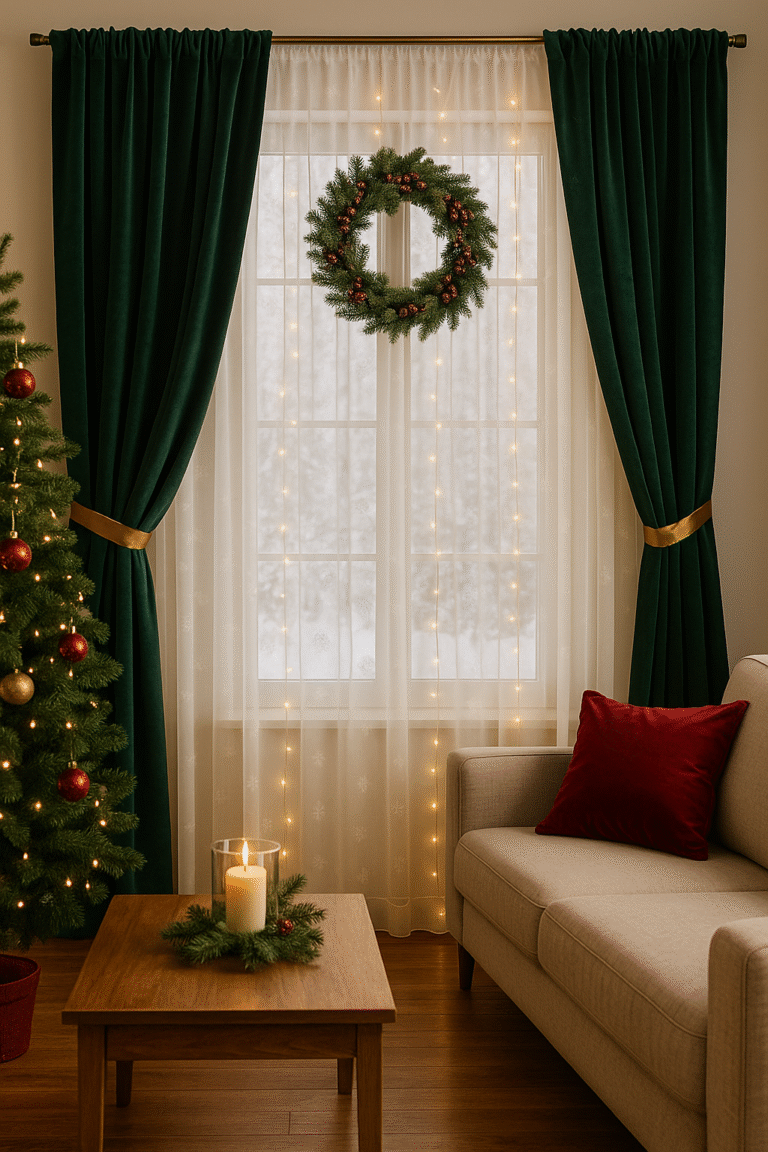 Okno udekorowane na święta z zielonymi welurowymi zasłonami, białymi firanami i lampkami LED w przytulnym salonie